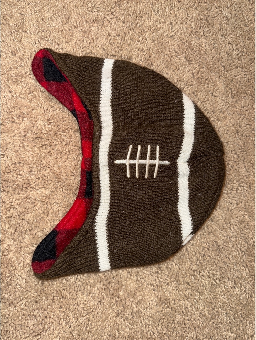 Brown Knitted Football Beanie Hat with Plaid Lining